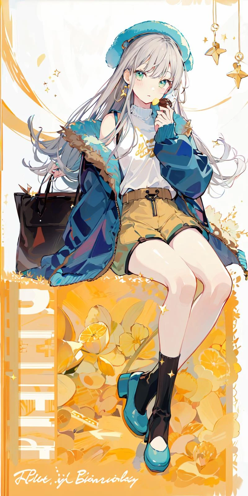 (masterpiece:1.2), best quality,PIXIV,Sweet girl ,standing,
1girl, solo, jacket on shoulders, white socks, food, socks, hat, jacket, long sleeves, sitting, chocolate, green eyes, shoes, braid, full body, candy, blue footwear, white headwear, bangs, blue background, looking at viewer, own hands together, shorts, chocolate bar, beret, cookie, sidelocks, black footwear, ice cream, blue jacket, shirt, blush, copyright, high heels, gift, closed mouth, mary janes
<lora:Sweet girl p_20231030174934-000018:0.8>