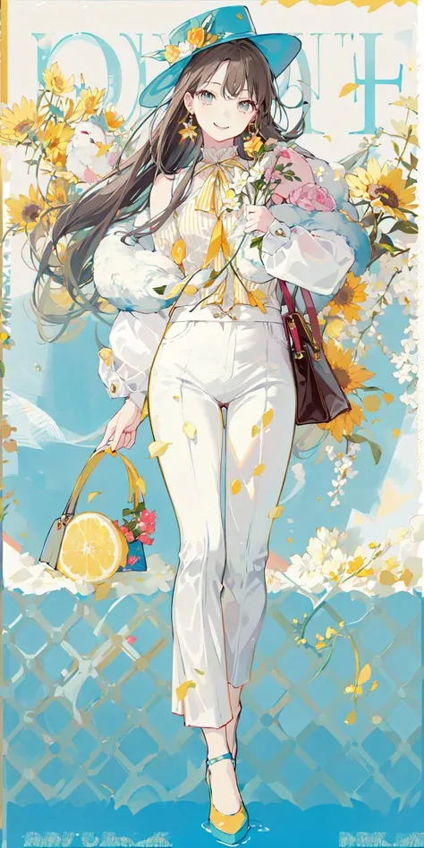 (masterpiece:1.2), best quality,PIXIV,Sweet girl ,
1girl, flower, cup, hat, braid, brown hair, bag, high heels, food, jewelry, earrings, looking at viewer, smile, holding, long hair, solo, fruit, lemon, white pants, handbag, grey eyes, yellow footwear, skirt, bird, yellow flower, envelope, english text, full body, white flower, holding flower, shirt,standing, 
 <lora:Sweet girl p_20231030174934-000018:0.8>