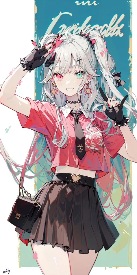 (masterpiece:1.2), best quality,PIXIV,Sweet girl ,
1girl, solo, long hair, smile, skirt, gloves, heterochromia, hair ornament, fingerless gloves, bow, hair bow, jewelry, black gloves, plaid skirt, multicolored hair, fishnets, looking at viewer, shirt, plaid, earrings, black bow, nail polish, belt, heart, red shirt, short sleeves, grin, crop top, single glove, bangs, red skirt, cowboy shot, arms up, bandages, hairclip, choker, ahoge, black nails, signature, pink eyes, necktie, bandaged arm, very long hair, spikes, midriff, collar, pleated skirt, black choker, black necktie, pink hair, polka dot, blush, ear piercing, miniskirt, grey eyes, grey hair, piercing, hands up, multicolored nails, heart hair ornament, streaked hair, black collar, black belt, white hair, red eyes, red nails, frills, safety pin, x hair ornament, ring, breasts, buckle, badge, chain, spiked bracelet, character name, bracelet
<lora:Sweet girl p_20231030174934-000018:0.8>