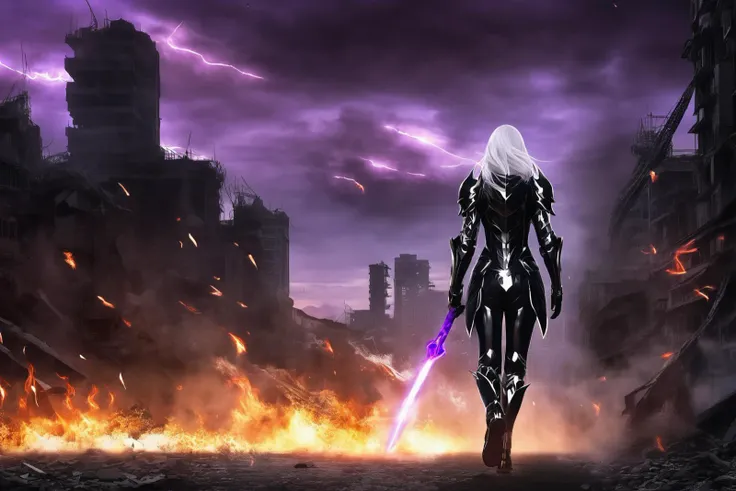 anime,<lora:anime_sdxl_v2-000007:1>,1girl,apocalypse,fire,destruction,destroyed buildings,burning buildings,rubble and ash, ash clouds,darkness,sword,glowing sword,burning sword,(looking at viewer:2.5),(walking to the viewer:3.0),white hair,red crimson eyes,glowing eyes,huge sword,upper body,holding sword,holding weapon,darker image,dark foreground,black transparent overlay,really long hair
A military girl wearing a (shiny black metal armor suit:1.8) wielding two legendary swords that glow in dark purple fire walking away from a apocalypse,
high quality,highres,absurdly good quality,4k,ultra,perfect,landscape,absurdres,very high quality,detailed,high details,detailed eyes,absolutely detailed eyes,