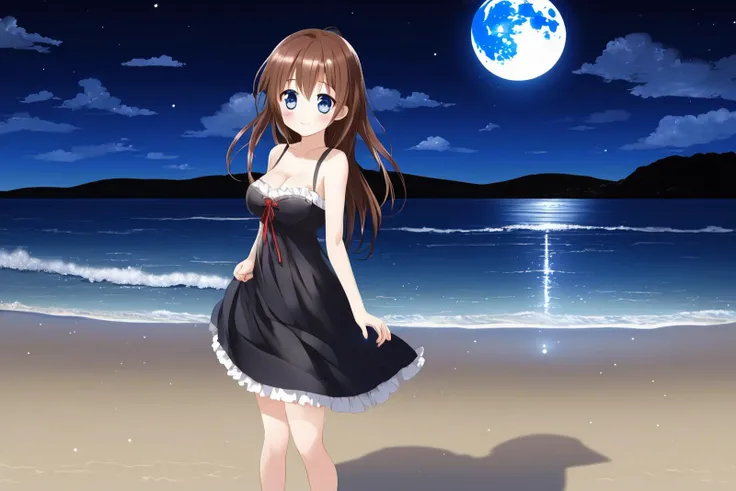 anime,<lora:anime_sdxl_v2-000007:1>,1girl,brown hair with red strands,really long hair,sapphire blue eyes,looking at viewer,shy,cute,blushing,smiling,one eye closed,tongues sticking out,black dress with white hearts,at the beach,in the night,beautiful moon,full moon, white moon,in the sky,darker image,large breasts,
high quality,highres,absurdly good quality,4k,ultra,perfect,landscape,absurdres,very high quality,detailed,high details,detailed eyes,absolutely detailed eyes,