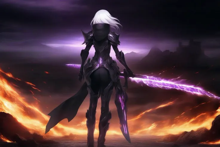 anime,<lora:anime_sdxl_v2-000007:1>,1girl,apocalypse,fire,destruction,destroyed buildings,burning buildings,rubble and ash, ash clouds,darkness,sword,glowing sword,burning sword,(looking at viewer:2.5),walking to the viewer,white hair,red crimson eyes,glowing eyes,huge sword,upper body,holding sword,holding weapon,darker image,dark foreground,black transparent overlay,
A military girl wearing a shiny black metal armor suit wielding two legendary swords that glow in dark purple fire walking away from a apocalypse