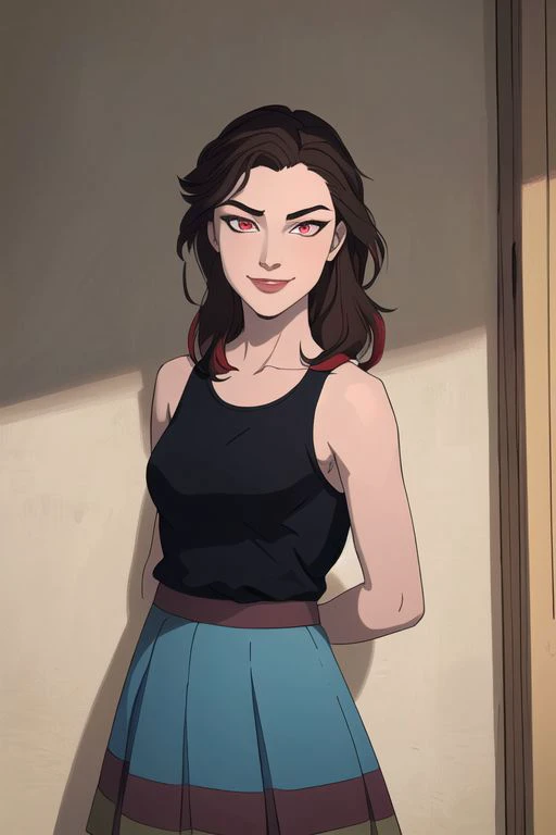 8k,4k,((Best quality, masterpiece, ultra high resolution)), Wilykit (red eyes, brown hair, black stripe hair, blue tank top, multicolored skirt, one shoulder out, detailed eyes  <Disney art style, insanely detailed face, masterpiece >) shy smiling, looking at viewer, arms behind back