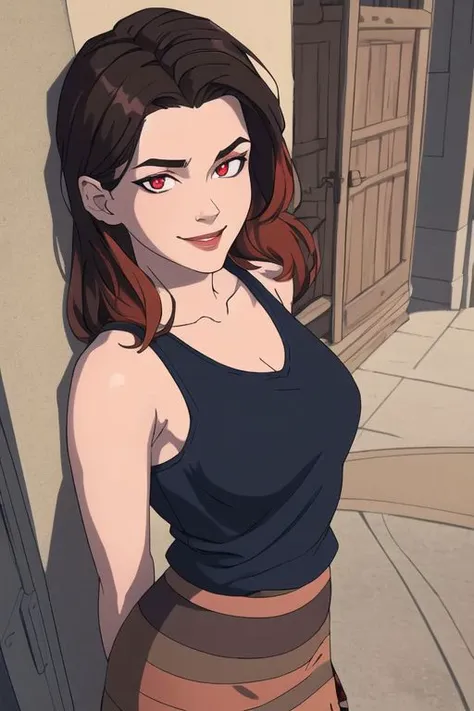 8k,4k,((Best quality, masterpiece, ultra high resolution)), Wilykit (red eyes, brown hair, black stripe hair, blue tank top, multicolored skirt, one shoulder out, detailed eyes  <Disney art style, insanely detailed face, masterpiece >) shy smiling, looking at viewer, arms behind back