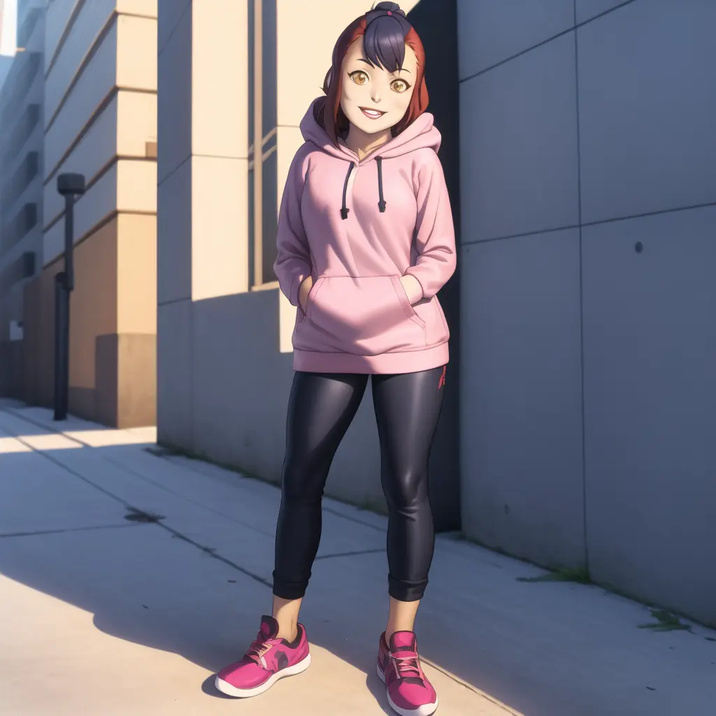 <lora:Wilykit_v2b:1> best quality wilykit  1girl full body hood hood down hoodie long hair long sleeves looking at viewer pants pink hoodie shoes smile sneakers solo standing white background white footwear parted lips outdoors street city