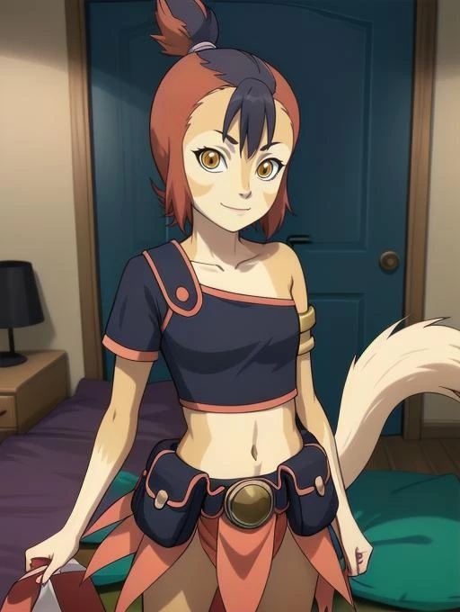 best quality  <lora:Wilykit_v3a:1.8> 1girl, wilykit, tail, standing, looking at viewer, cowboy shot
wkoutift, crop top, single strap, armlet, midriff, single vambrace, utility belt, belt pouch, skirt, barefoot, detatched leggings
indoors, bedroom