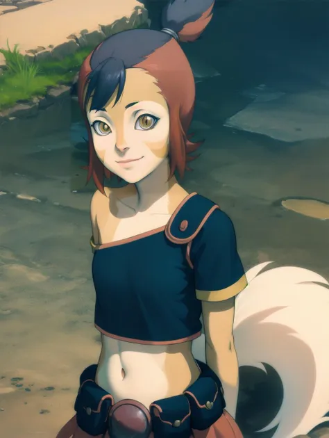 best quality 1girl, wilykit, tail, upper body, (from above, from side:1.2), looking up, looking at viewer, city park, outdoors, day, leaning back, arms behind back, smirk, half-closed eyes
wkoutift, crop top, single strap, armlet, midriff, single vambrace, utility belt, belt pouch, skirt, navel
 <lora:Wilykit_v3a:2.5>
dramatic lighting, subsurface scattering