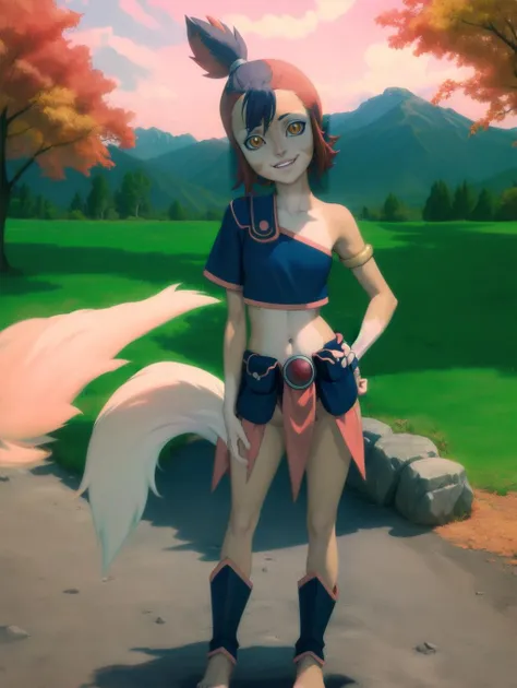 best quality 1girl, wilykit, tail, full body, standing contrapposto, hand on own hip, arm at side, looking at viewer, head tilt, parted lips smile, outdoors, day, mountain valley in the autumn
wkoutift, crop top, single strap, armlet, midriff, single vambrace, utility belt, belt pouch, skirt, barefoot, detatched leggings, navel
 <lora:Wilykit_v3a:2.5>
dramatic lighting, rim lighting, subsurface scattering