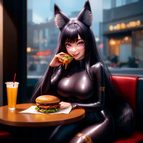 A woman with fox ears and a fox tail wearing a tank top and tight spats eating tacos at a taco shop The cola is on the table Large Breasts Big Ass tall