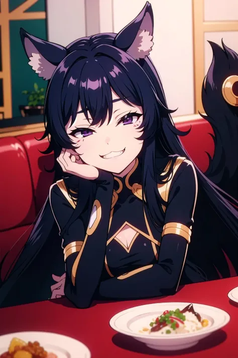 <lora:WoofWoofDeltaV1-000011:0.8>, delta, facial mark, purple eyes, medium breasts, black long hair, tail, tail ornament, black body suit, :3, grin, arm support, looking at viewer, hand on own cheek, closed eyes, table, restaurant, <lora:Msgk_face:1>