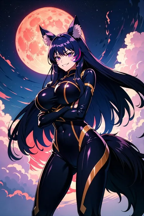 <lora:WoofWoofDeltaV1-000011:0.8>, delta, facial mark, purple eyes, large breasts, black long hair, tail, tail ornament, black body suit, standing, legs apart, crossed arms, captivating pose, cowboy shot, smirk, outdoors, night, full moon, red moon, from below