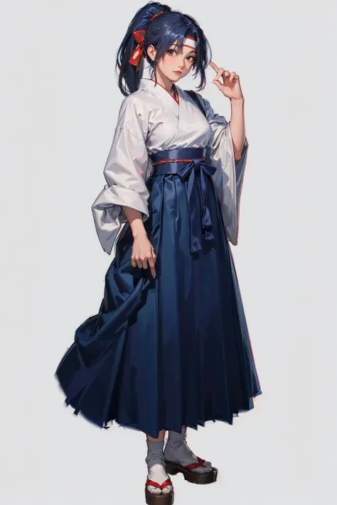 (masterpiece, top quality, best quality, official art, beautiful and aesthetic:1.2), (1girl:1.3), (fractal art:1.3),ponytail, hakama , (blue hakama skirt:1.3),japanese clothes, headband,(white tabi:1.3),white japanese socks, red belt,full body, simple background, (Cinmatic:0.4) <lora:kasumi-000009:0.8>