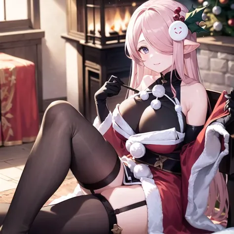 one-girl,soio,170cm height,45CM bust,A pink-haired,Purple eye,the night,gentleness,ssmile, Extremely detailed, Wearing miniskirt Santa Claus costume, Santa Claus costume with warm fur,In the bedroom,((lacepantyhose)),black glove,With bare arms,mitsukasa ayase