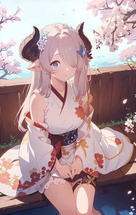 best quality, (extremely detailed:1.2), masterpiece, finely detail, (high resolution:1.2), (illustrations:1.3), depth of field, colorful, 1girl, solo, lens 135mm, from above, young girl, narmaya, narmaya \(granblue fantasy\), sitting, white dress, flower, petals, cherry blossoms,