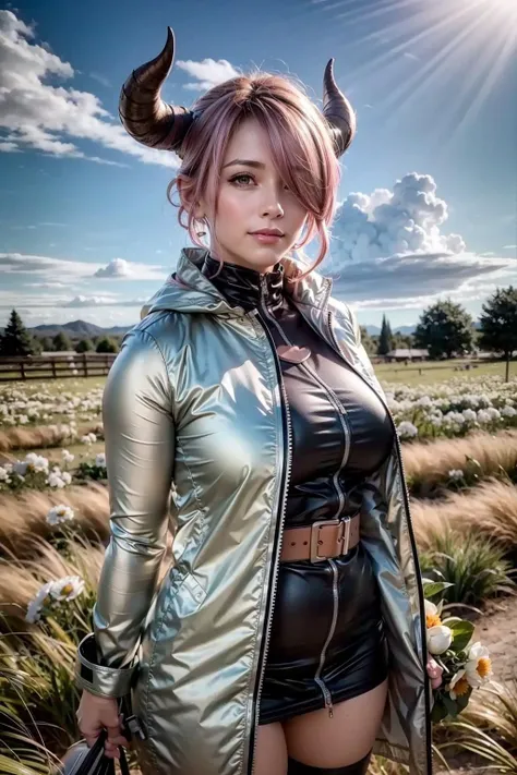 (realistic:1.3), finely detailed, quality, rembrandt lighting, (masterpiece:1.2), (photorealistic:1.2), (best quality), (detailed skin:1.3), (intricate details), dramatic, ray tracing, 1girl, 21 years old, horns, smiling, pink hair, bangs over one eye, hair clip on bangs, large breasts, black dress, white coat, straps over chest area, (establishing shot, outdoors, sun, clouds, grass, wide open fields, flowers, bright sunlight), <lora:NarmayaV2.7:1>