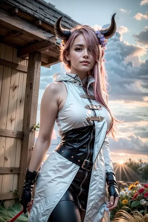 (realistic:1.3), finely detailed, quality, rembrandt lighting, (masterpiece:1.2), (photorealistic:1.2), (best quality), (detailed skin:1.3), (intricate details), dramatic, ray tracing, 1girl, 21 years old, horns, smiling, pink hair, bangs over one eye, hair clip on bangs, large breasts, black dress, white coat, straps over chest area, (establishing shot, outdoors, sun, clouds, grass, wide open fields, flowers, bright sunlight), <lora:NarmayaV2.7:1>