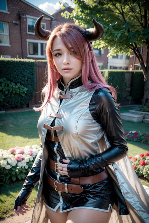 (realistic:1.3), finely detailed, quality, rembrandt lighting, (masterpiece:1.2), (photorealistic:1.2), (best quality), (detailed skin:1.3), (intricate details), dramatic, ray tracing, 1girl, 21 years old, horns, smiling, pink hair, bangs over one eye, hair clip on bangs, large breasts, black dress, white coat, straps over chest area, (establishing shot, outdoors, sun, clouds, grass, wide open fields, flowers, bright sunlight), <lora:NarmayaV2.7:1>