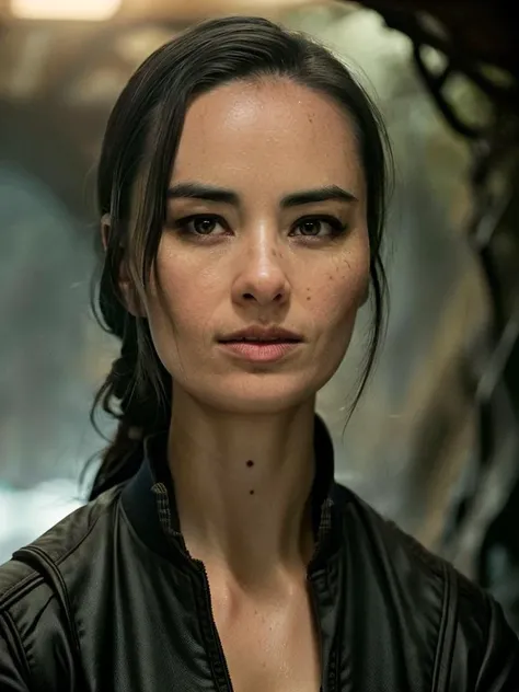 Cinematic film still, full body, of Cara Gee, seductive look, ((detailed facial features)), (dark cave:1.2), (cold colors), intricate details, shallow depth of field, [volumetric fog], cinematic lighting, reflections, photographed on a Canon EOS R5, 50mm lens, F/2.8, HDR, 8k resolution, cinematic film still from Vikings