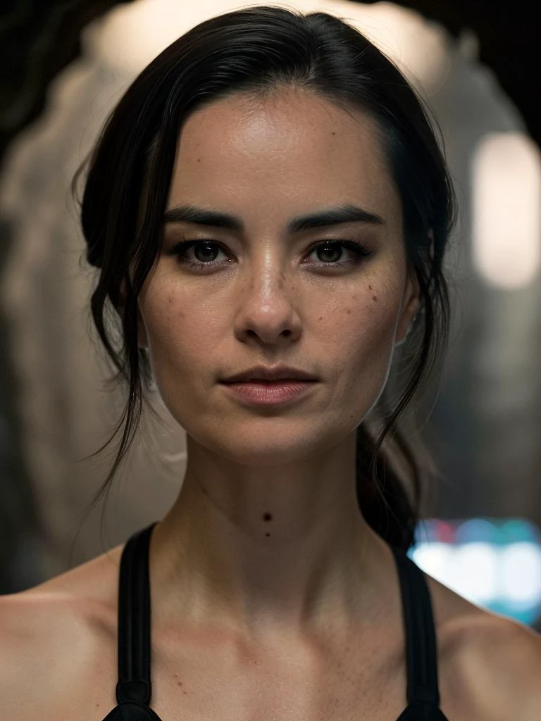 Cinematic film still, full body, of cara gee, seductive look, ((detailed facial features)), (dark cave:1.2), (cold colors), intricate details, shallow depth of field, [volumetric fog], cinematic lighting, reflections, photographed on a Canon EOS R5, 50mm lens, F/2.8, HDR, 8k resolution, cinematic film still from The Expanse