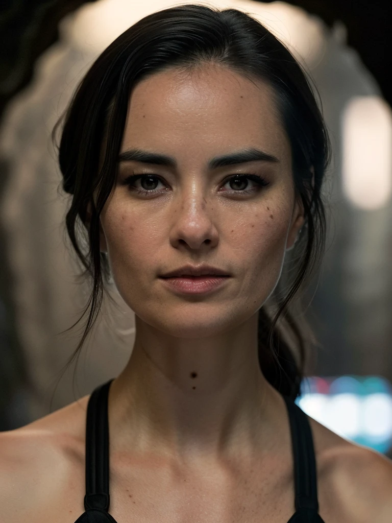 Cinematic film still, full body, of cara gee, seductive look, ((detailed facial features)), (dark cave:1.2), (cold colors), intricate details, shallow depth of field, [volumetric fog], cinematic lighting, reflections, photographed on a Canon EOS R5, 50mm lens, F/2.8, HDR, 8k resolution, cinematic film still from The Expanse