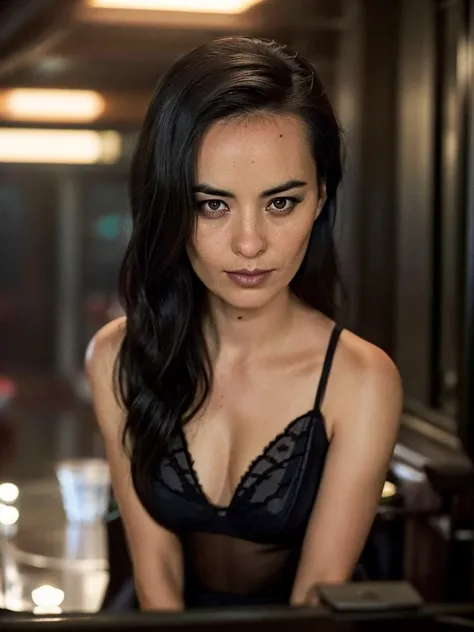 Cinematic film still, full body, of Cara Gee, seductive look, ((detailed facial features)), (dark room:1.2), (cold colors), intricate details, shallow depth of field, [volumetric fog], cinematic lighting, reflections, photographed on a Canon EOS R5, 50mm lens, F/2.8, HDR, 8k resolution, cinematic film still from The Expanse