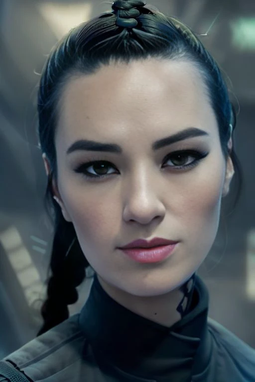 Portrait, photo of 25 year Cara Gee with black hair, topknot, ponytail, looking at viewer, (dark green space suit, dark combat armor:1), (detailed eyes:1.1), futuristic, straight angled lines, spaceship interior, hangar, scrapyard, neon advertisements, reflective, glass, happy, (smiling:0.5), (dramatic lighting), cinematic lighting, volumetric lighting, subsurface scattering, backlight, chromatic abberation, bloom, 4k, depth of field, masterpiece, artstation hd, wind, clean, particles, ray tracing,
<lora:DiffusionBoxCaraGee:1>