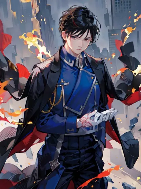 <lora:mustang:1>, 1boy, male focus, black hair, gloves, uniform, military, black eyes, military uniform, solo, white gloves, fire, coat, outstretched arm, pants, standing, sparks, closed mouth, blue jacket, serious, magic, long sleeves, lack coat, jacket,
detailed fingers, extremely detailed eyes and face, beautiful detailed nose, beautiful detailed eyes,
mixes realistic and fantastical elements, vibrant manga, glassy translucence, vibrant illustrations, perfect(face ,eyes ,nose),
(RAW photo, best quality), (realistic, photo-realistic:1.5), extremely detailed, CG, unity , 8k wallpaper, Amazing, finely detail, (masterpiece:1.5, best quality), realistic, (real picture, intricate details, depth of field), dynamic posture,