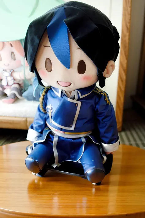 masterpiece, best quality, <lora:mustang:1>,fu1fu,character doll,1boy, male focus, black hair, military uniform,blue pants