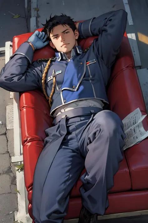 best quality, Mature male, Lying down, <lora:mustang:.9> 1boy, short hair, black hair, military uniform, gloves