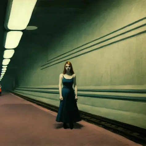 a painting of a beautiful woman standing on a platform at an underground tunnel subway station and subway tracks at night, by Edward Hopper