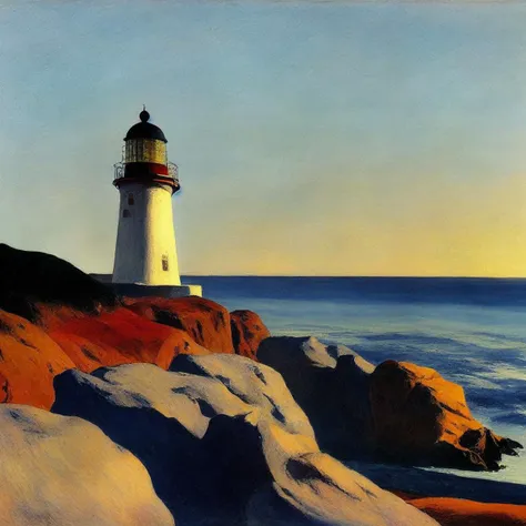 a painting of a lighthouse at dawn with a rocky cliff in the foreground, by Edward Hopper