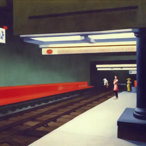 a painting of a woman standing on a subway platform at a subway station and subway tracks at night, by Edward Hopper