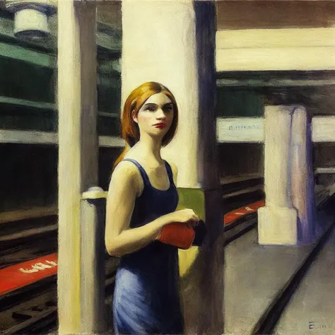 a painting of a young woman in a dress standing on a platform at an underground subway station and subway tracks at night, by Edward Hopper