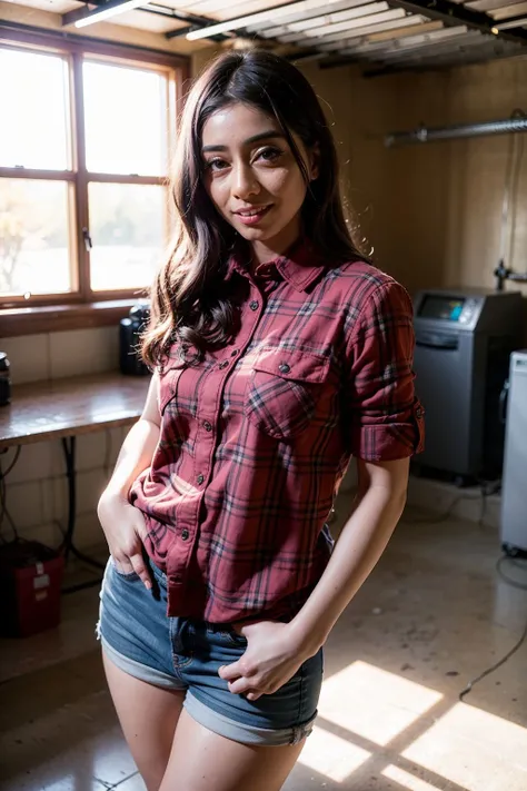 lifestyle photography photo of VioletMyers, (wearing Flannel Shirt:1.3), garage, smile, upper body, natural lighting, eye level, <lora:VioletMyers:1>