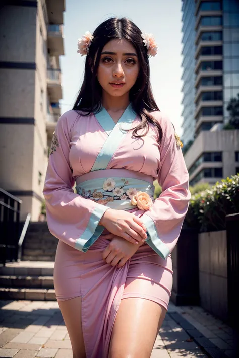 pictorialist style photo of VioletMyers, (wearing furisode:1.3), skyscraper, smile, upper body, high key lighting, eye level, <lora:VioletMyers:1>
