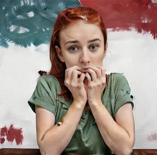 1girl, solo, finger to mouth, open mouth,solo, 1girl, apple, fruit, food, shirt, green shirt, realistic, red hair, eating, holding fruit, upper body, holding food, white background, simple background<lora:Nailbit:1>