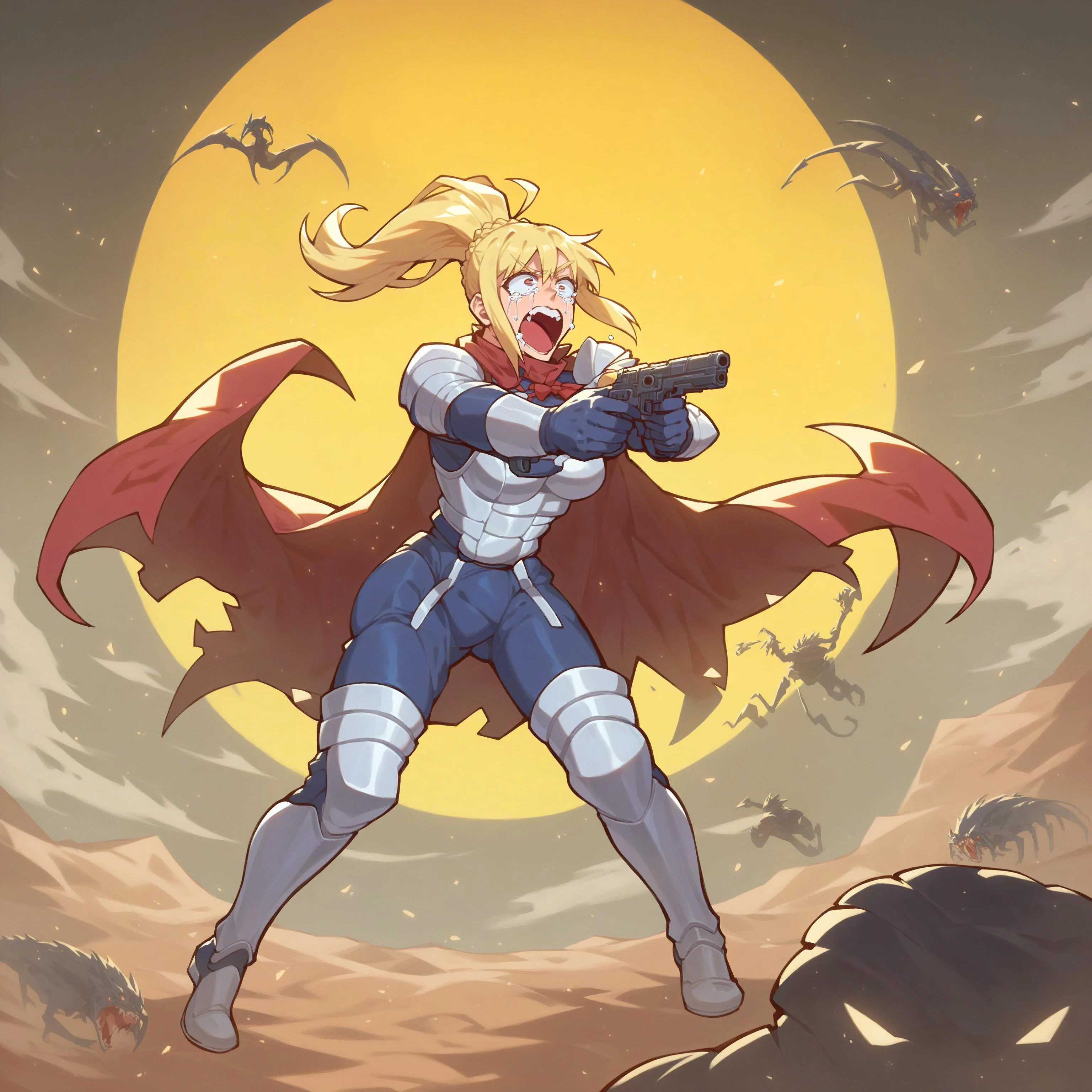 score_9, score_8_up, score_7_up, warrior facing a monster, alien planet, cape, holding gun, helmet, alien in background, monster in background, ponytail, white armor, desert, highly detailed, shooting, action shot, firing, absurdres,
darkness from konosuba, scifi armor, power armor, detailed, long yellow hair, source_anime, 1girl, high quality, full body, (high contrast:1.2), dark colors, screaming, crying, yelling,
<lora:helldivers:1> helldivers