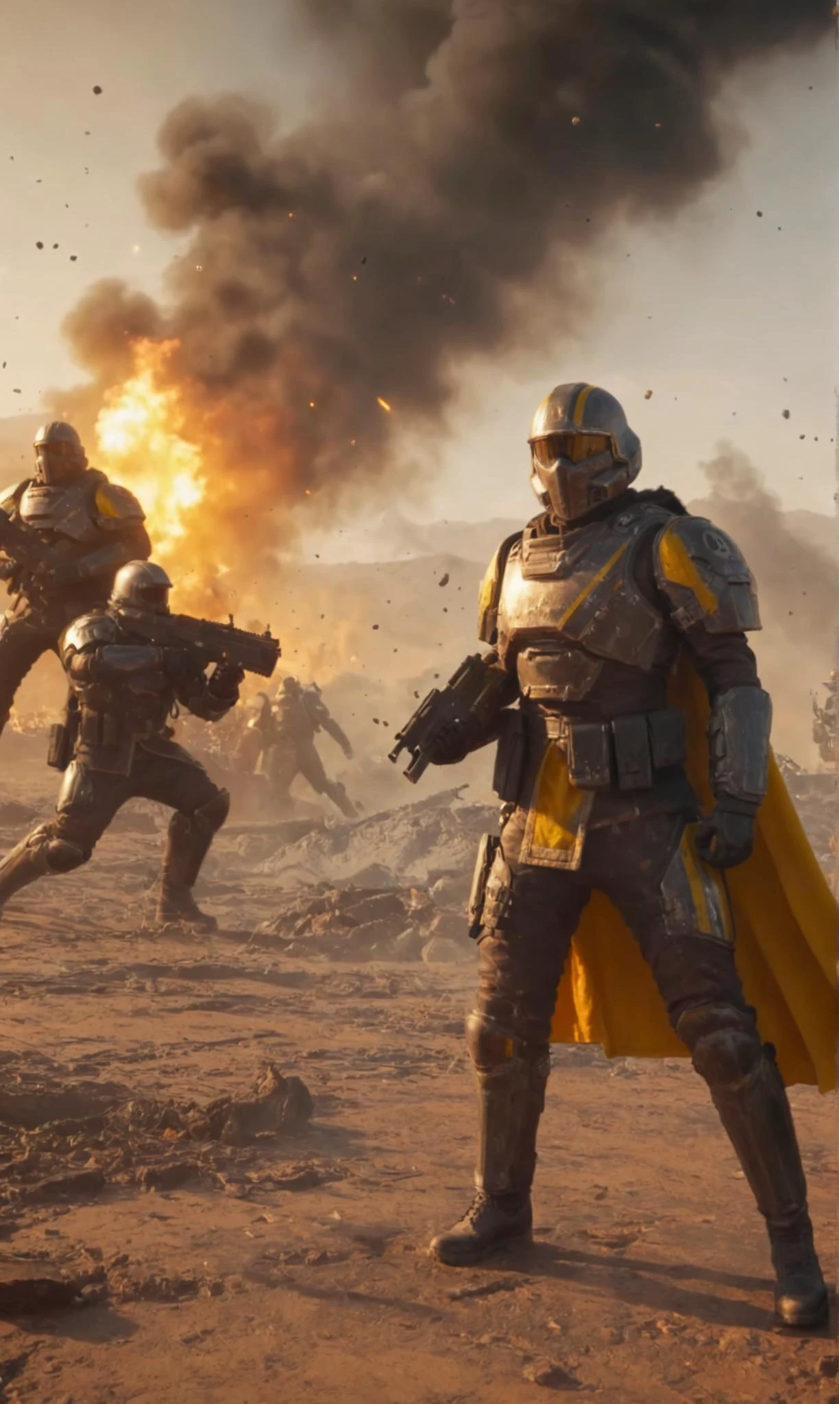 Masterpiece, best quality, ultra high res, HDR, 8k resolution, very detailed sexy female helldivers wearing battle damage armor, scratched up armor, yellow stripes, long dirty cape blowing to the right, muddy, burning scenery with lots of explosions, holding beer jug, dusty atmosphere, meteors falling from the sky, lots of black smoke, lens flare, god rays, burning embers everywhere, falling ashes, giant bugs attacking her, camera lens effect, photoshoot, big bright explosions, light reflection on body, carpet bomb, destruction, chaotic, flamethrowers specular lighting, clear picture
<lora:helldivers:0.65> <lora:add-detail-xl:0.45> <lora:more_details:0.35>
