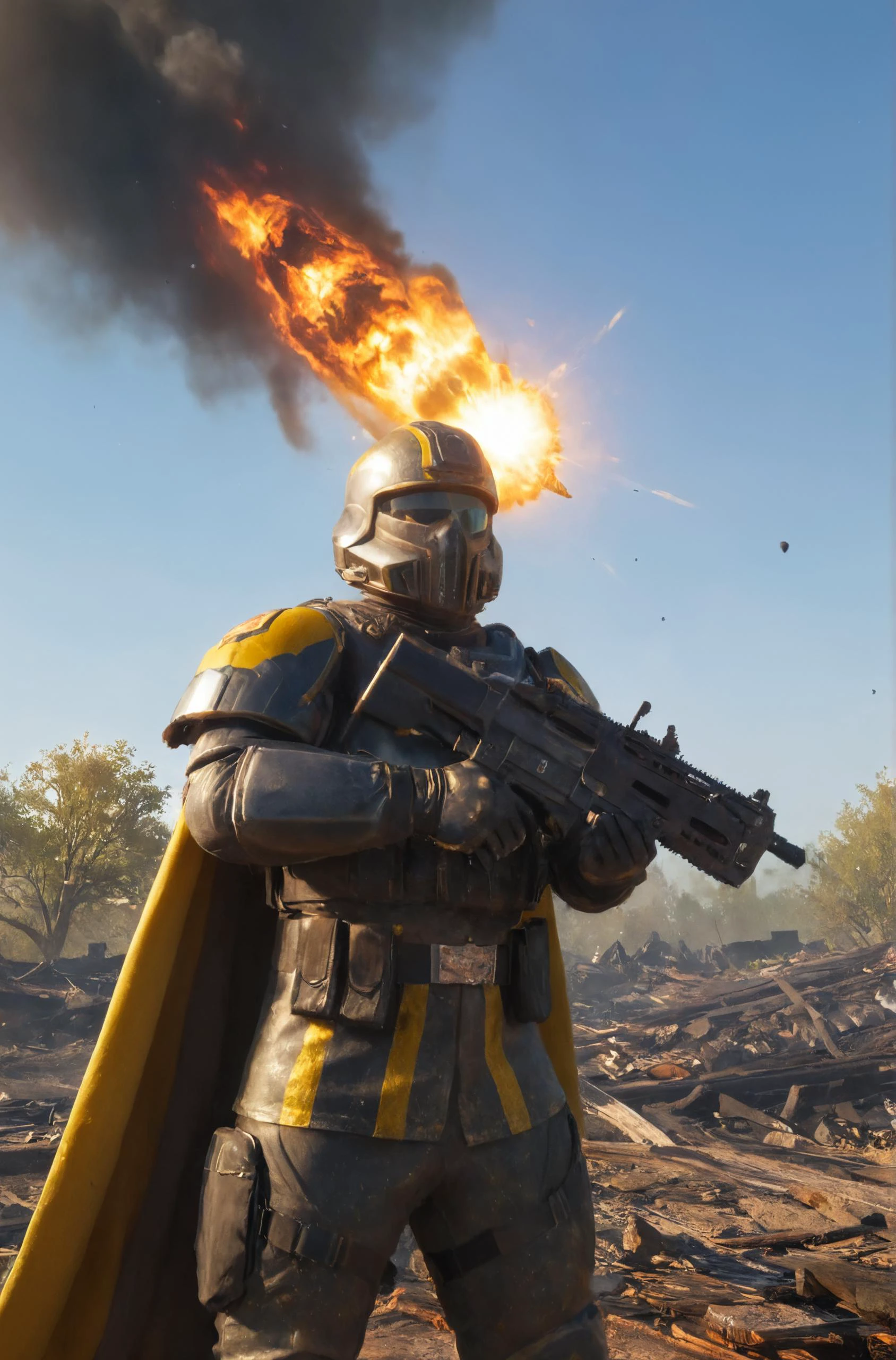 ultra high res, HDR, 8k resolution, very high detailed beautiful female helldiver sexy body, no helmet full scratched battle damage armor and long cape, yellow vertical paint stripe helmet, yellow paint stripe shoulder armor, yellow paint stripe chest armor, firing a machinegun, windy, muddy, dirty, realistic, fire explosions, lots of burning embers, burning city, destruction, bloom, lens flare, god rays, heatwave, sparks atmosphere, raytracing, light reflection on surface, war, black smoke, realistic, front explosion, debris everywhere caused by fire explosions, (burning meteor shower from the skies), bugs, pose, very high detailed face and eyes,
<lora:helldivers:0.65> <lora:add-detail-xl:1> <lora:more_details:1>
