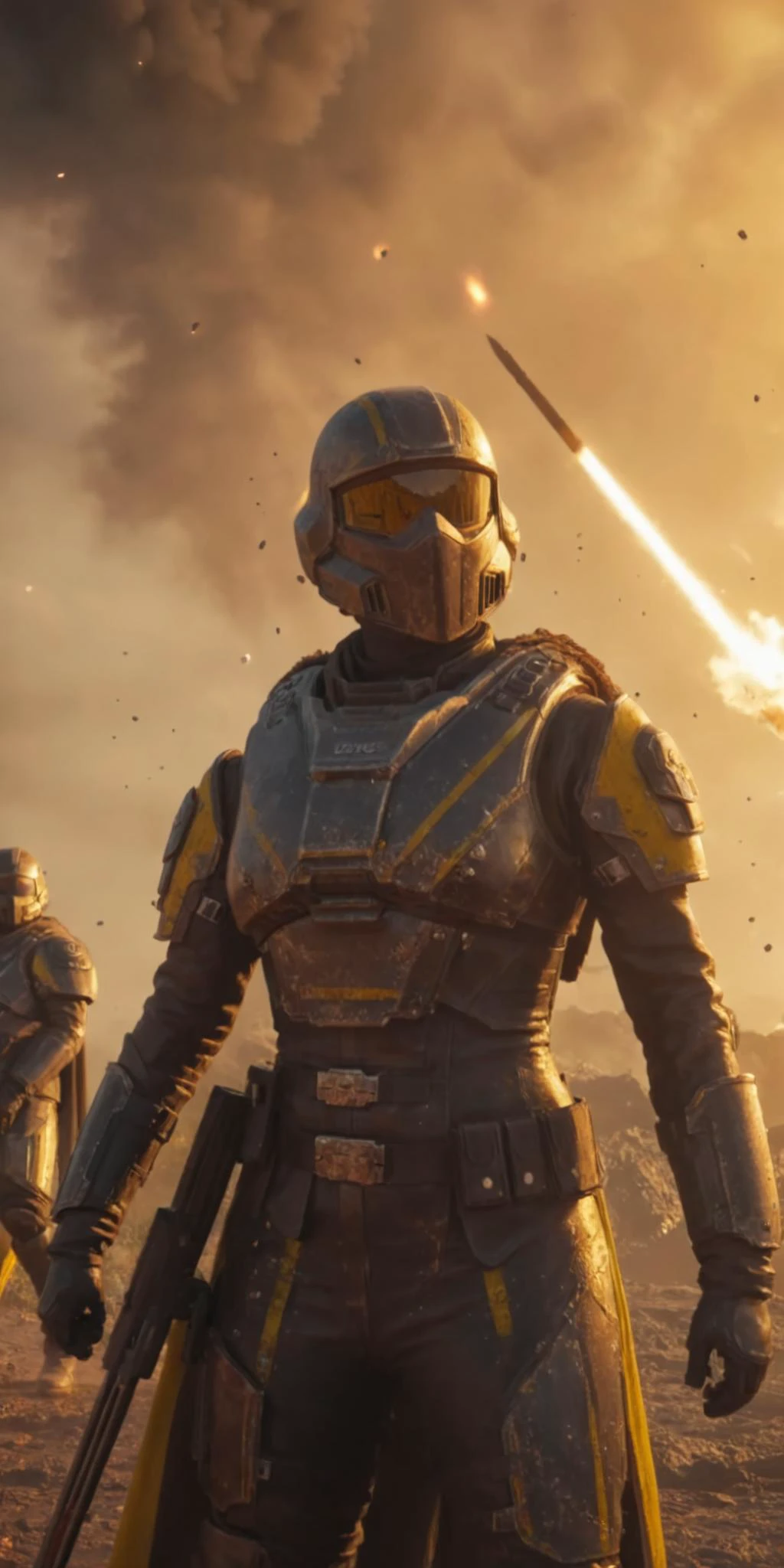 Masterpiece, best quality, ultra high res, HDR, 8k resolution, photorealistic, very detailed sexy female helldivers wearing battle damage armor, scratched up armor, yellow stripes, long dirty cape blowing to the right, muddy, burning scenery with lots of explosions, holding a sword, dusty atmosphere, meteors falling from the sky, lots of black smoke, lens flare, god rays, burning embers everywhere, falling ashes, giant bugs attacking her, camera lens effect, photoshoot, big bright explosions, light reflection on body, hellpod dropping, destruction, chaotic, flamethrowers specular lighting,
<lora:helldivers:0.65> <lora:add-detail-xl:0.45> <lora:more_details:0.35>