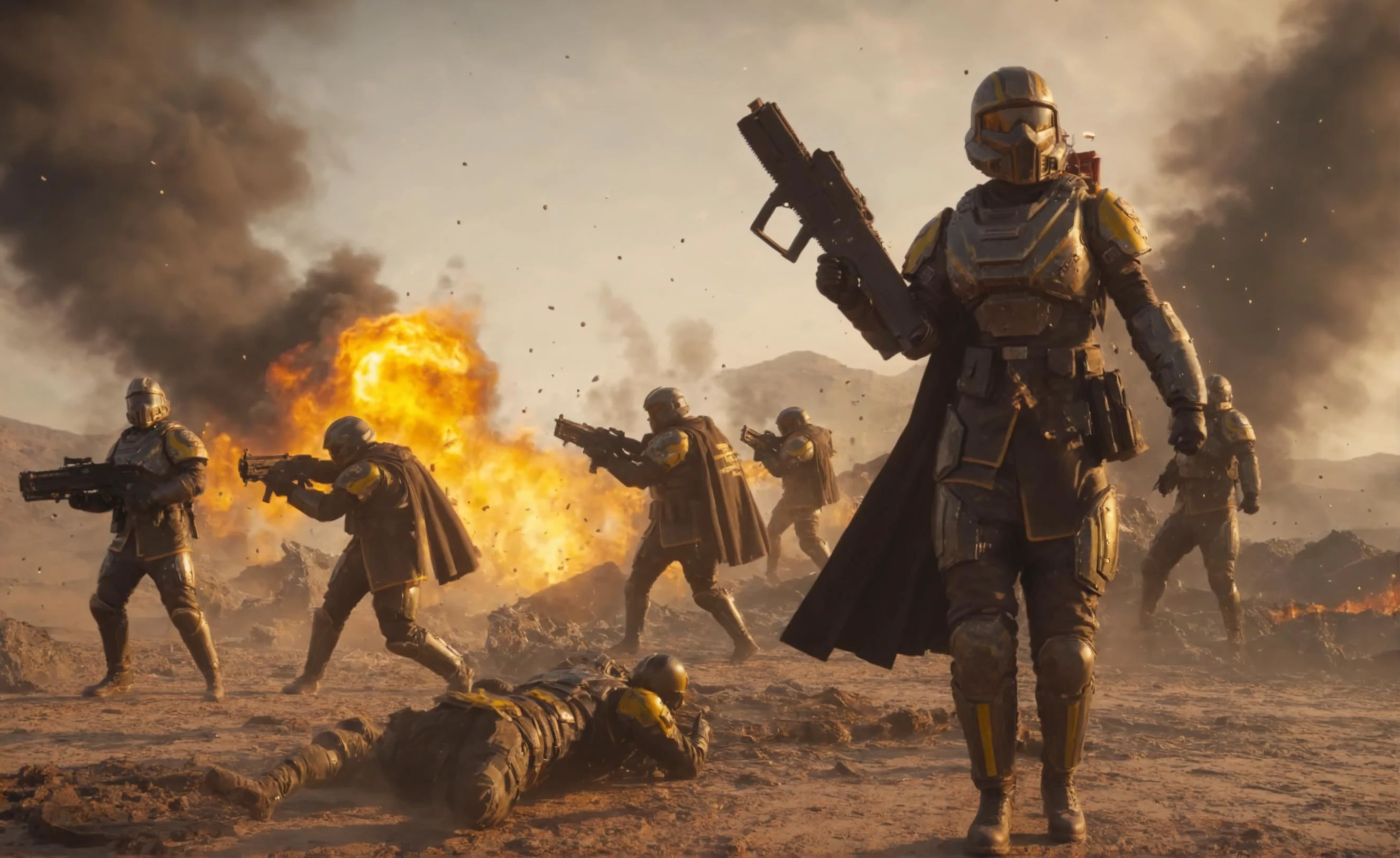 Masterpiece, best quality, ultra high res, HDR, 8k resolution, very detailed sexy female helldivers wearing battle damage armor, scratched up armor, yellow stripes, long dirty cape blowing to the right, muddy, burning scenery with lots of explosions, holding beer jug, dusty atmosphere, meteors falling from the sky, lots of black smoke, lens flare, god rays, burning embers everywhere, falling ashes, giant bugs attacking her, camera lens effect, photoshoot, big bright explosions, light reflection on body, carpet bomb, destruction, chaotic, flamethrowers specular lighting, clear picture
<lora:helldivers:0.65> <lora:add-detail-xl:0.45> <lora:more_details:0.35>