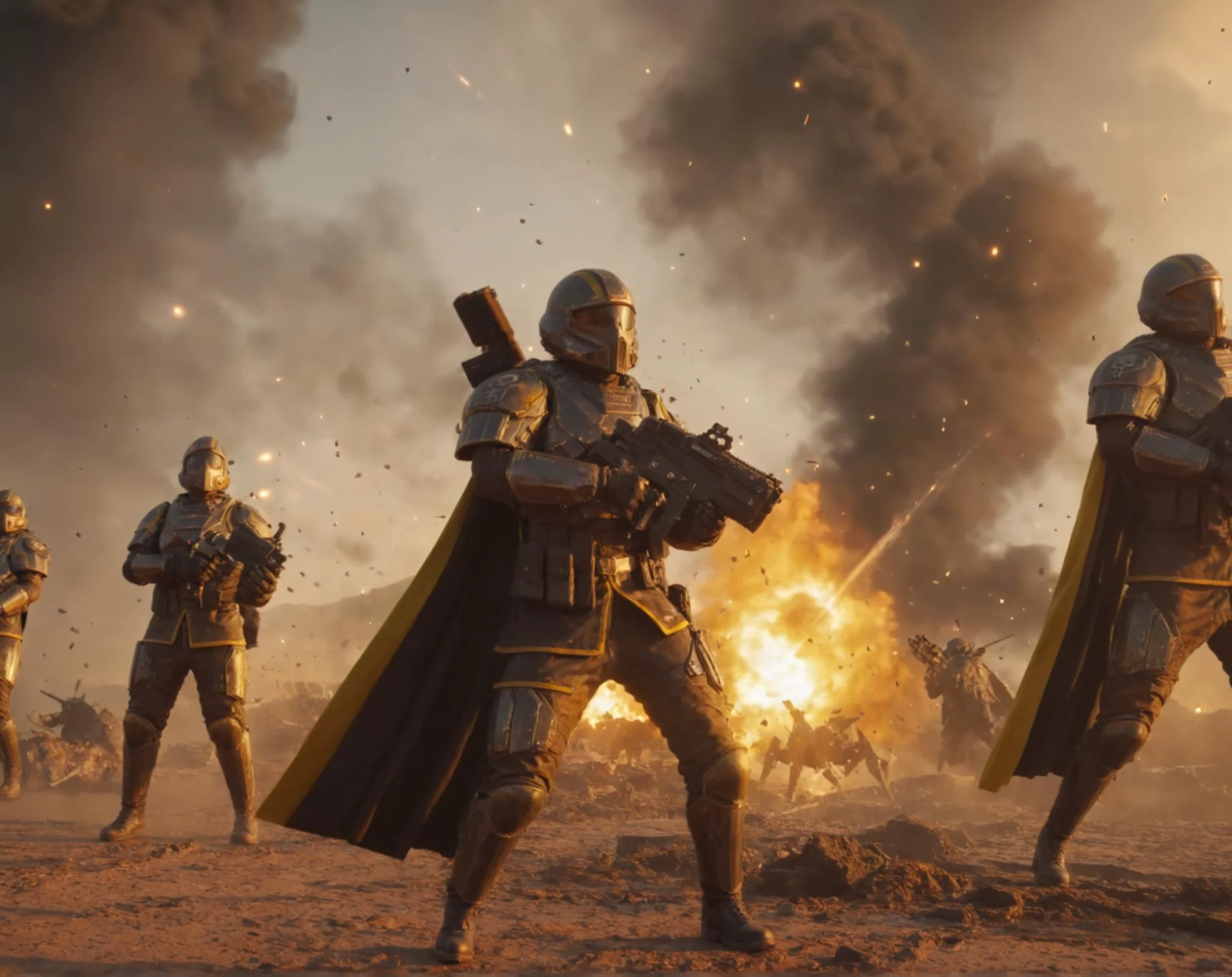 Masterpiece, best quality, ultra high res, HDR, 8k resolution, very detailed sexy female helldivers wearing battle damage armor, scratched up armor, yellow stripes, long dirty cape blowing to the right, muddy, burning scenery with lots of explosions, holding beer jug, dusty atmosphere, meteors falling from the sky, lots of black smoke, lens flare, god rays, burning embers everywhere, falling ashes, giant bugs attacking her, camera lens effect, photoshoot, big bright explosions, light reflection on body, carpet bomb, destruction, chaotic, flamethrowers specular lighting, clear picture
<lora:helldivers:0.65> <lora:add-detail-xl:0.45> <lora:more_details:0.35>