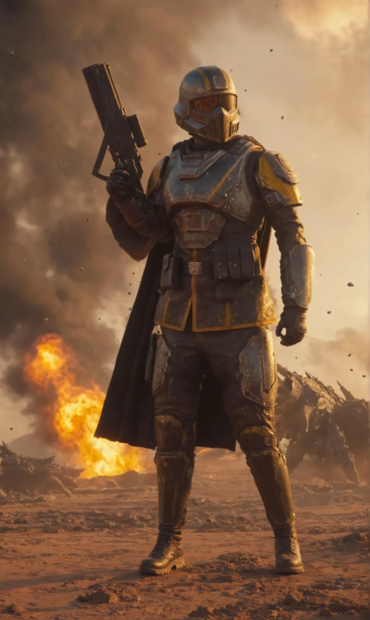 Masterpiece, best quality, ultra high res, HDR, 8k resolution, very detailed sexy female helldivers wearing battle damage armor, scratched up armor, yellow stripes, long dirty cape blowing to the right, muddy, burning scenery with lots of explosions, holding beer jug, dusty atmosphere, meteors falling from the sky, lots of black smoke, lens flare, god rays, burning embers everywhere, falling ashes, giant bugs attacking her, camera lens effect, photoshoot, big bright explosions, light reflection on body, carpet bomb, destruction, chaotic, flamethrowers specular lighting,
<lora:helldivers:0.65> <lora:add-detail-xl:0.45> <lora:more_details:0.35>