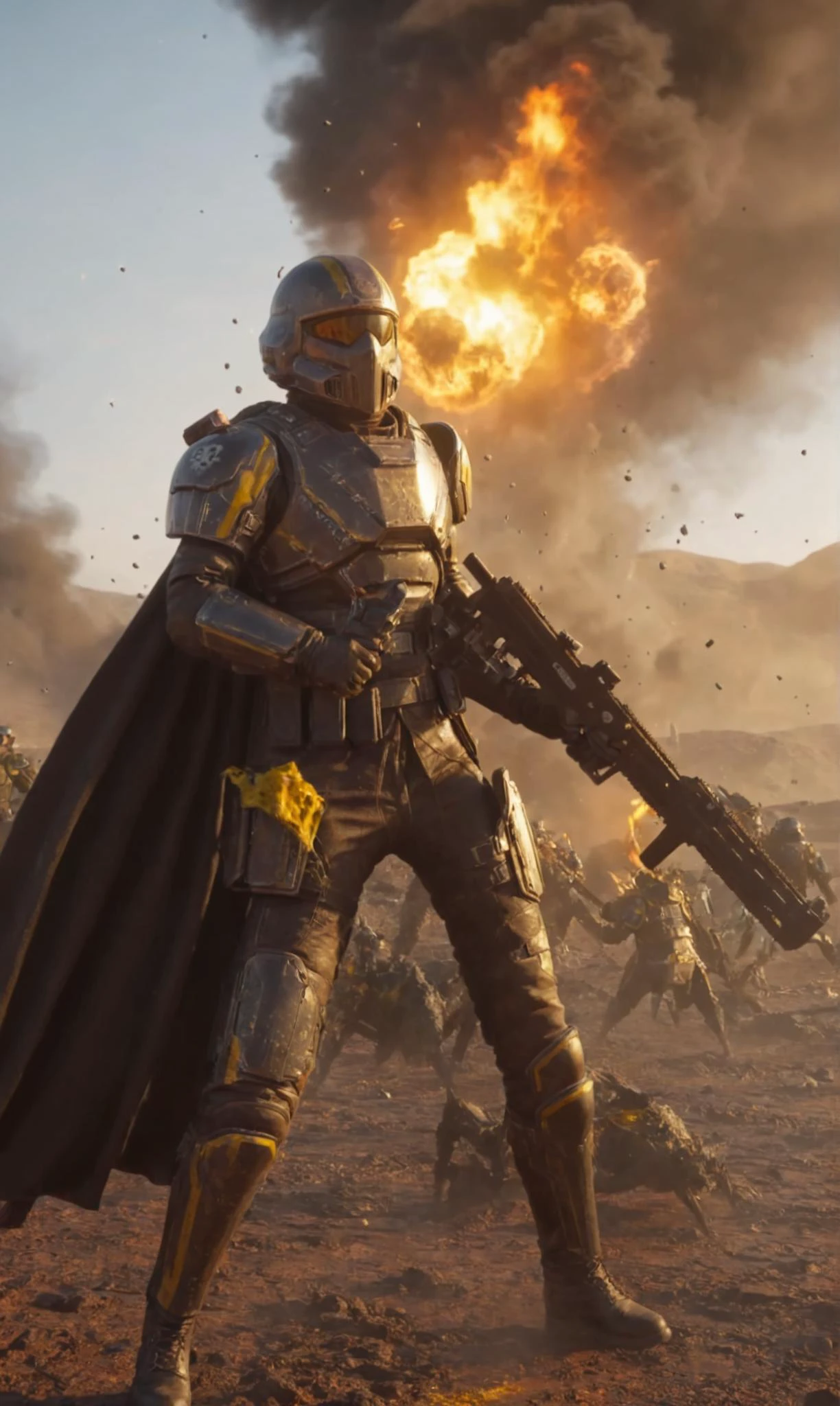 Masterpiece, best quality, ultra high res, HDR, 8k resolution, photorealistic, very detailed sexy female helldivers wearing battle damage armor, scratched up armor, yellow stripes, long dirty cape blowing to the right, muddy, burning scenery with lots of explosions, holding a sword, dusty atmosphere, meteors falling from the sky, lots of black smoke, lens flare, god rays, burning embers everywhere, falling ashes, giant bugs attacking her, camera lens effect, photoshoot, big bright explosions, light reflection on body, hellpod dropping, destruction, chaotic, flamethrowers specular lighting,
<lora:helldivers:0.65> <lora:add-detail-xl:0.45> <lora:more_details:0.35>