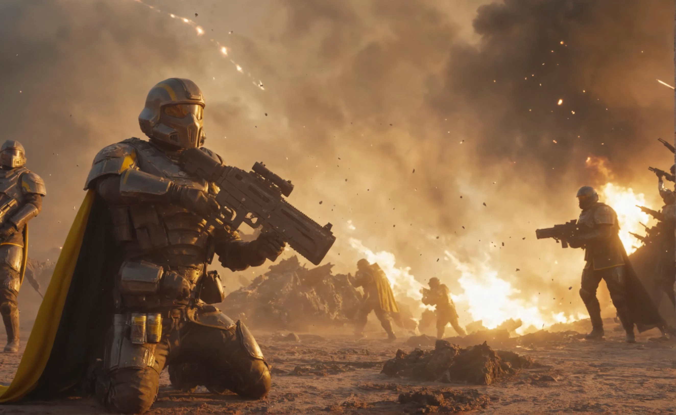 Masterpiece, best quality, ultra high res, HDR, 8k resolution, very detailed sexy female helldivers wearing battle damage armor, scratched up armor, yellow stripes, long dirty cape blowing to the right, muddy, burning scenery with lots of explosions, holding beer jug, dusty atmosphere, meteors falling from the sky, lots of black smoke, lens flare, god rays, burning embers everywhere, falling ashes, giant bugs attacking her, camera lens effect, photoshoot, big bright explosions, light reflection on body, carpet bomb, destruction, chaotic, flamethrowers specular lighting, clear picture
<lora:helldivers:0.65> <lora:add-detail-xl:0.45> <lora:more_details:0.35>
