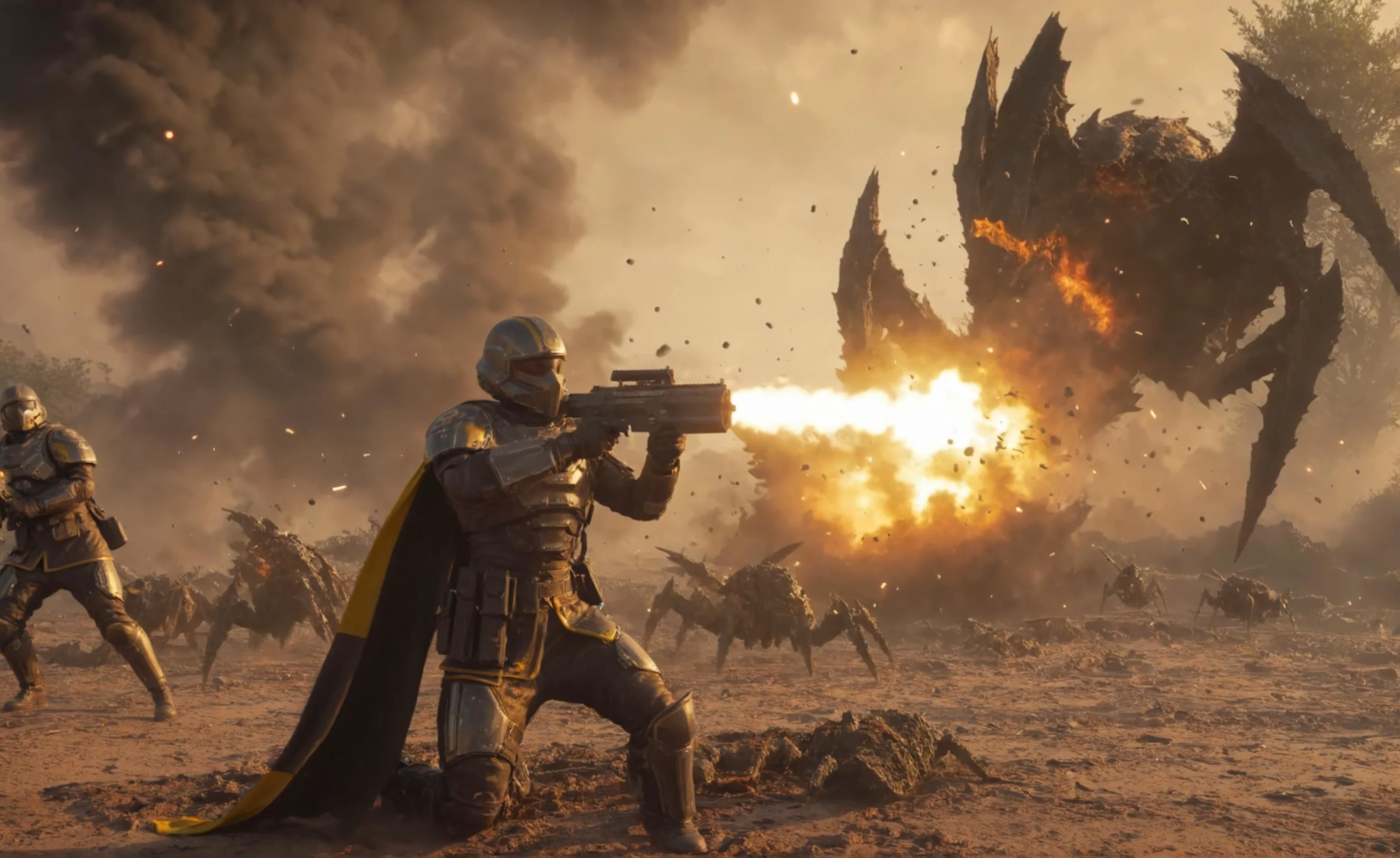 Masterpiece, best quality, ultra high res, HDR, 8k resolution, very detailed sexy female helldivers wearing battle damage armor, scratched up armor, yellow stripes, long dirty cape blowing to the right, muddy, burning scenery with lots of explosions, holding beer jug, dusty atmosphere, meteors falling from the sky, lots of black smoke, lens flare, god rays, burning embers everywhere, falling ashes, giant bugs attacking her, camera lens effect, photoshoot, big bright explosions, light reflection on body, carpet bomb, destruction, chaotic, flamethrowers specular lighting, clear picture
<lora:helldivers:0.65> <lora:add-detail-xl:0.45> <lora:more_details:0.35>