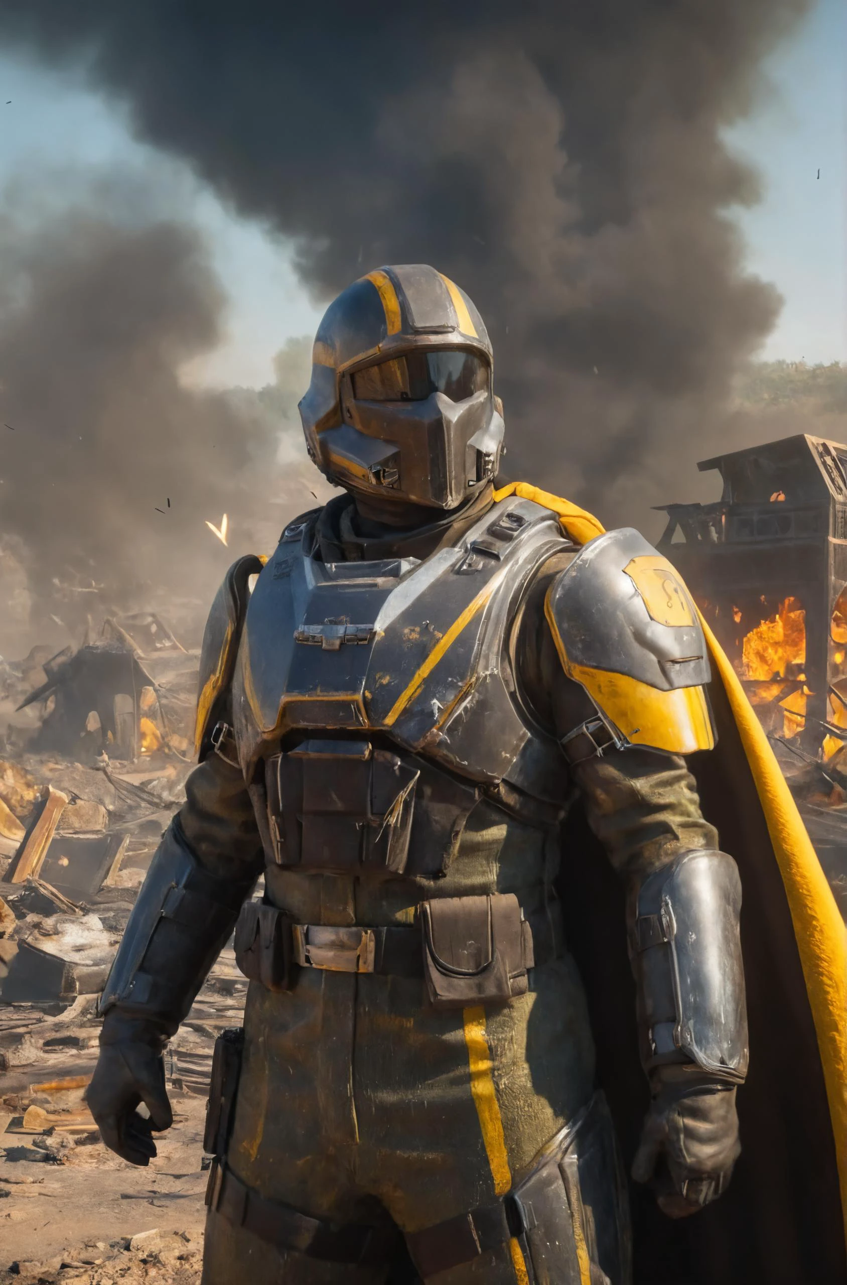 ultra high res, HDR, 8k resolution, very high detailed beautiful female helldiver sexy body, no helmet full scratched battle damage armor and long cape, yellow vertical paint stripe helmet, yellow paint stripe shoulder armor, yellow paint stripe chest armor, firing a machinegun, windy, muddy, dirty, realistic, fire explosions, lots of burning embers, burning city, destruction, bloom, lens flare, god rays, heatwave, sparks atmosphere, raytracing, light reflection on surface, war, black smoke, realistic, front explosion, debris everywhere caused by fire explosions, (burning meteor shower from the skies), bugs, pose, very high detailed face and eyes,
<lora:helldivers:0.65> <lora:add-detail-xl:1> <lora:more_details:1>