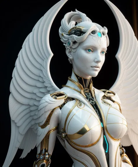 A statue made of white marble with gold veins, of an beautiful gorgeous futuristic cybernetic angel girl, prostheses, transhumanism, full body shot, perfect symmetrical body, perfect symmetrical face, hyper realistic, hyper detailed, by Johansen voss, by peter kemp, by monia merlo, by michelangelo, octane render, blender, 8 k