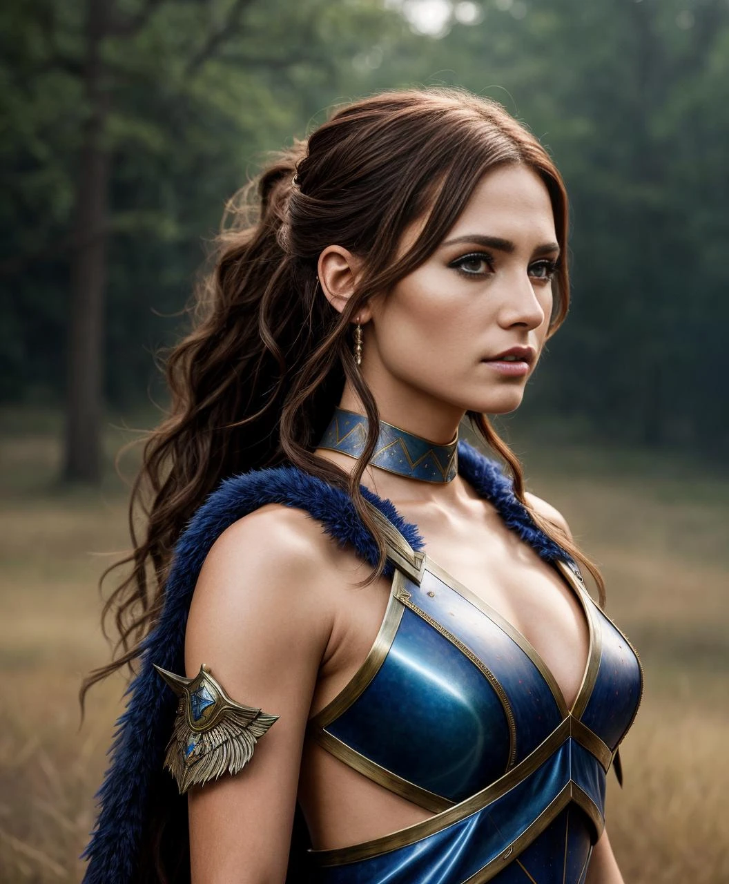 photo, warrior woman ,hair brown, fantasy dress, realistic, hd, beautiful dress blue, realistic, half body shot, sharp focus, 8 k high definition, insanely detailed
