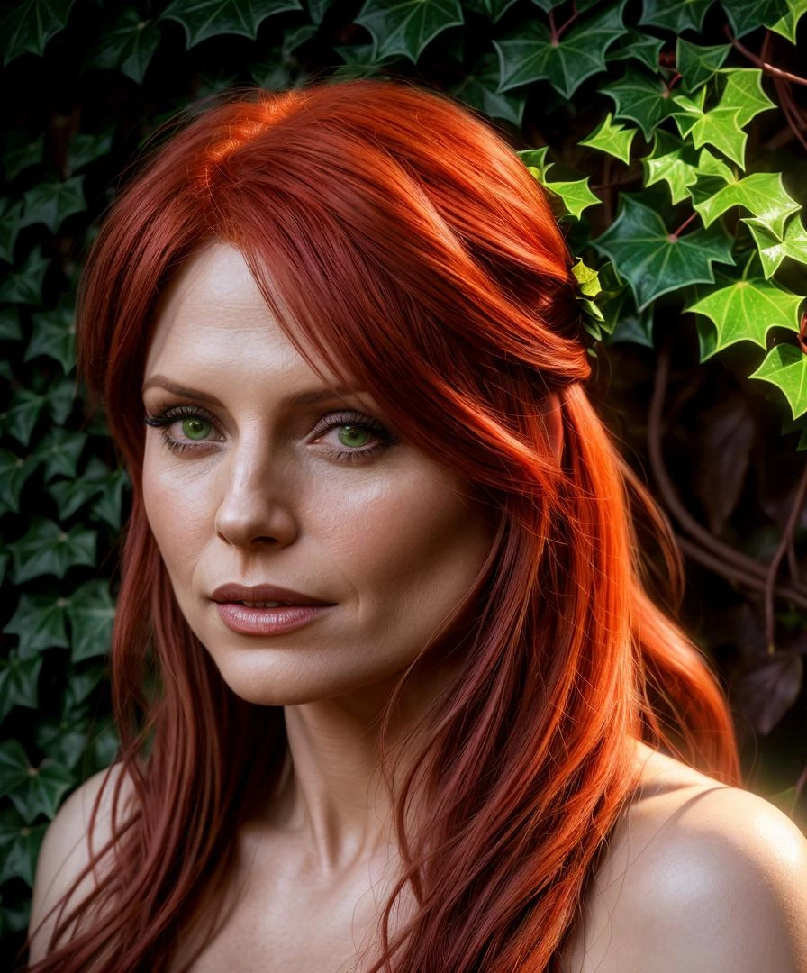 (Cinematic Photo:1.3) of (Realistic:1.3) a Ivy Poison, hair red, costume green leaf texture branches, forested, ivy, (ivy poison:1.3), photo of (helen slater) Photorealism, Realistic, photorealistist, HD,